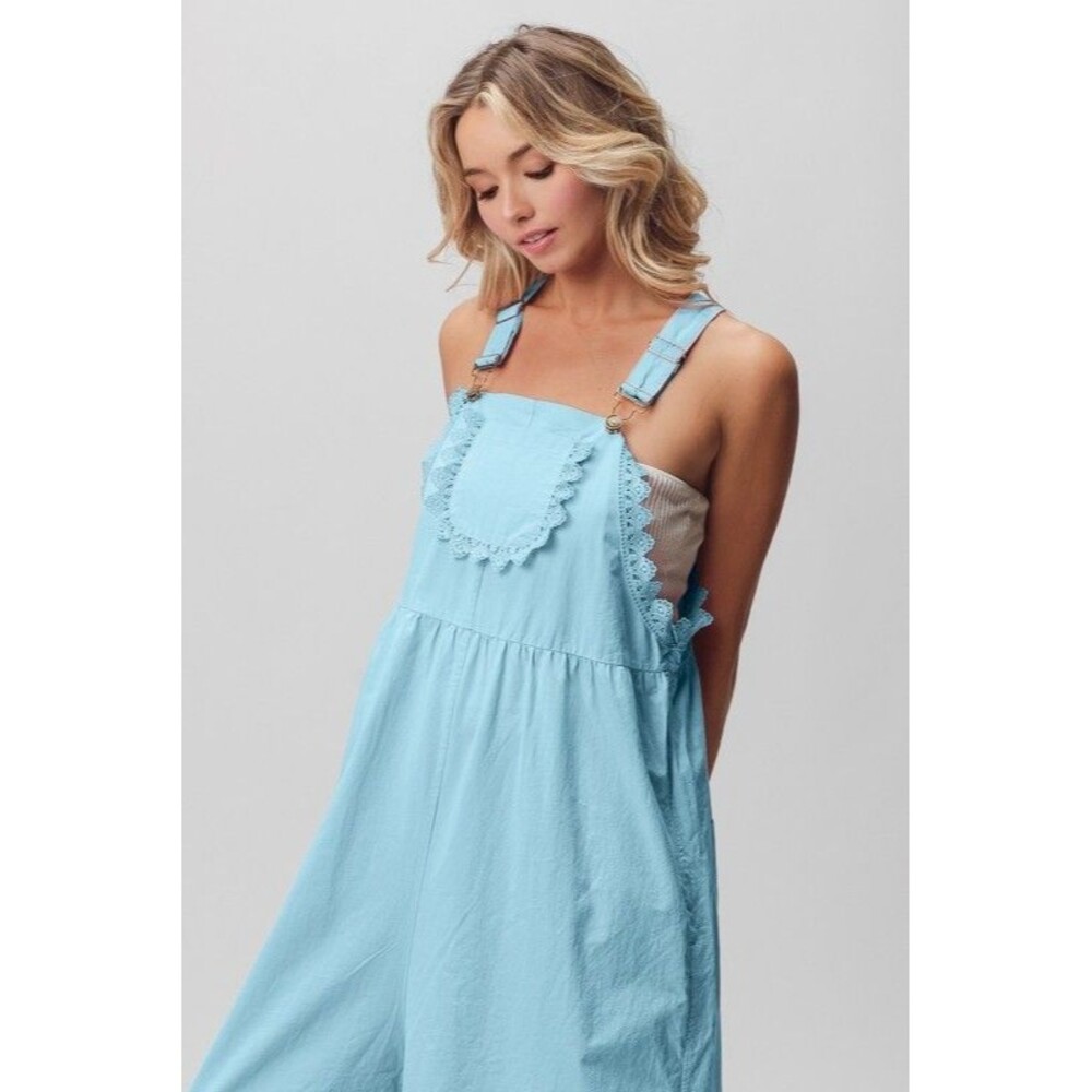 BiBi Lace Edge Detail Wide Leg Overall BLUE